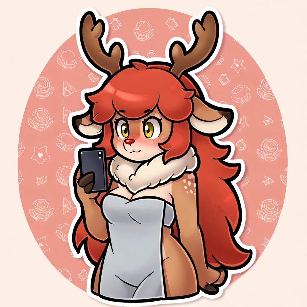Score_9_presence, score_8_up, 1girl, breasts, blush, furry, furry female, cute, red hair, horns, freckles, antlers, fur trim, fur collar, small breasts, cleavage, deer ears, body fur, animal ears, reindeer antlers, yellow eyes, wrapped in towel, holding phone, long hair,