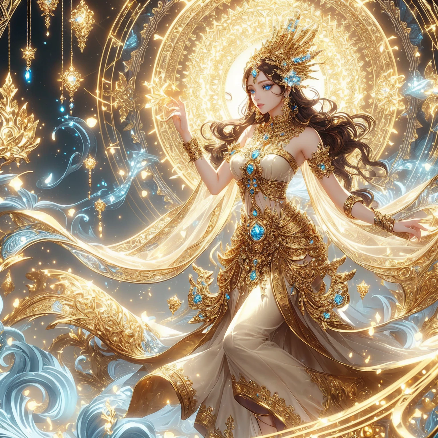 Goddess, super model, blue eyes, ornate gold jewelry. , god god , ,realistically ,Fine golden background. 3-D anime.