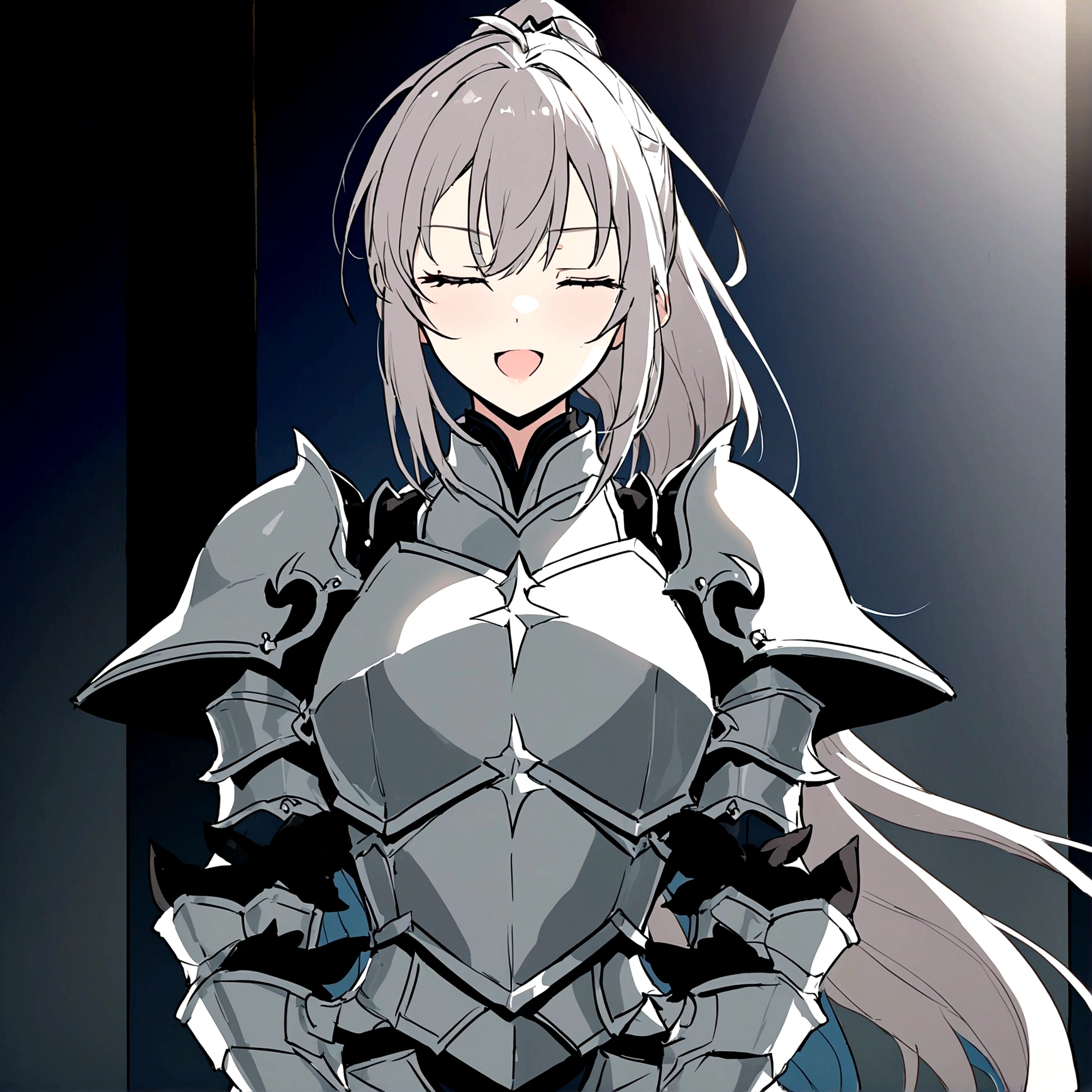 Beautiful girl knight in armor, Gray Hair, fantastic, Face your body forward like a certificate photo, shoot from front, Ponytail, Armor Girl, beautiful female knight, Female Paladin, upper body shot, drawing both arms, closed eyes