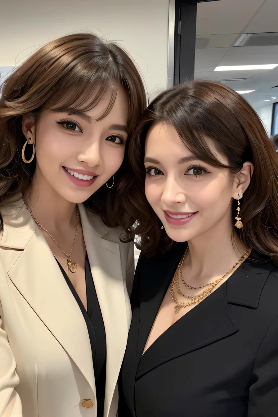 Two women standing side by side、 Brown Hair、Curly Hair、Necklace around the neck、Office Lady Suits、Jacket、Unbuttoned shirt、Flashy makeup、smile、Laughing with your mouth open、Intricate details, Very detailed:1.2), 、 Looking into the camera,The background is the office、Necklace around the neck、Dark eyeliner、ear piercing

