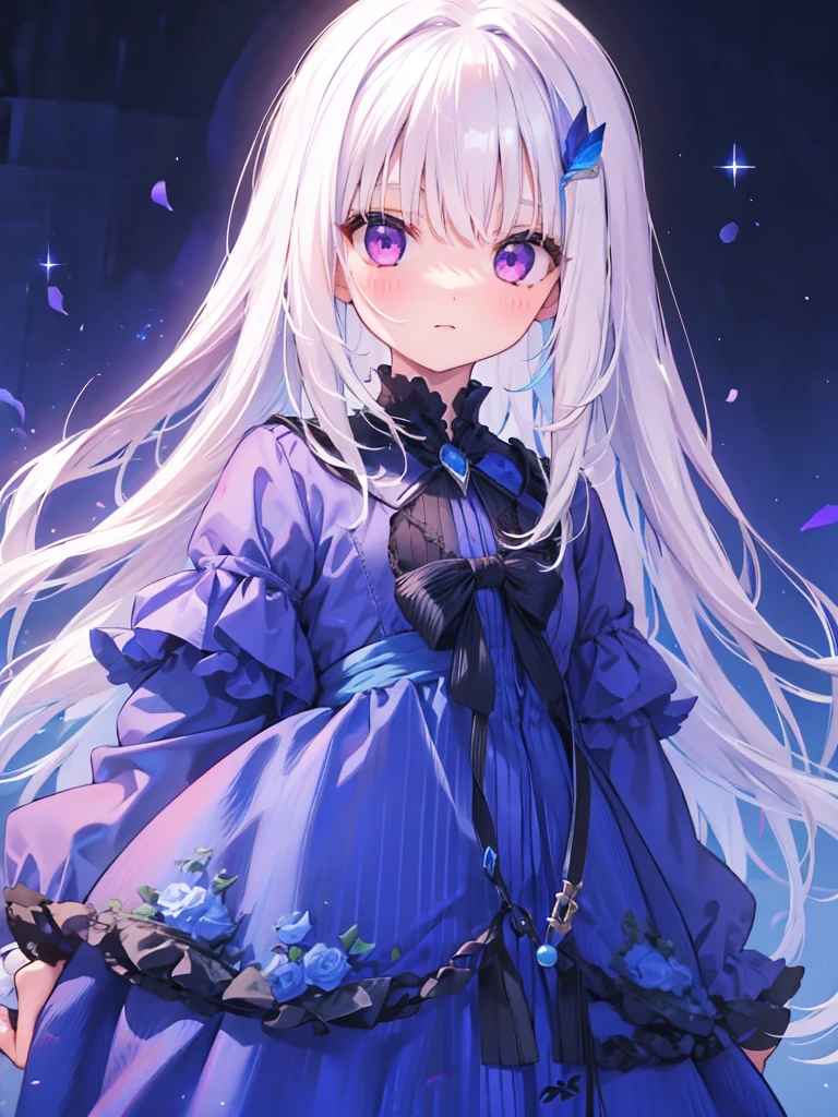 1 girl, long hair, white hair, purple eyes, blue dress, portrait.