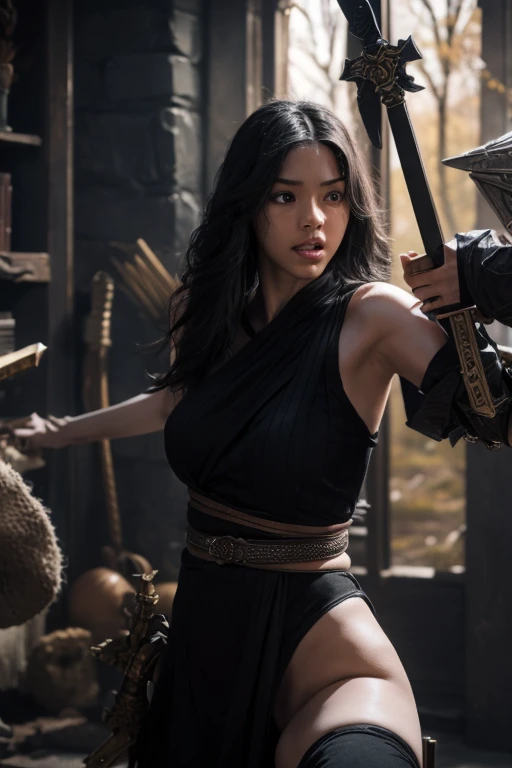 A black-haired girl wields the Heavy Thrusting Swords from within the Elden Ring in a reverse grip.