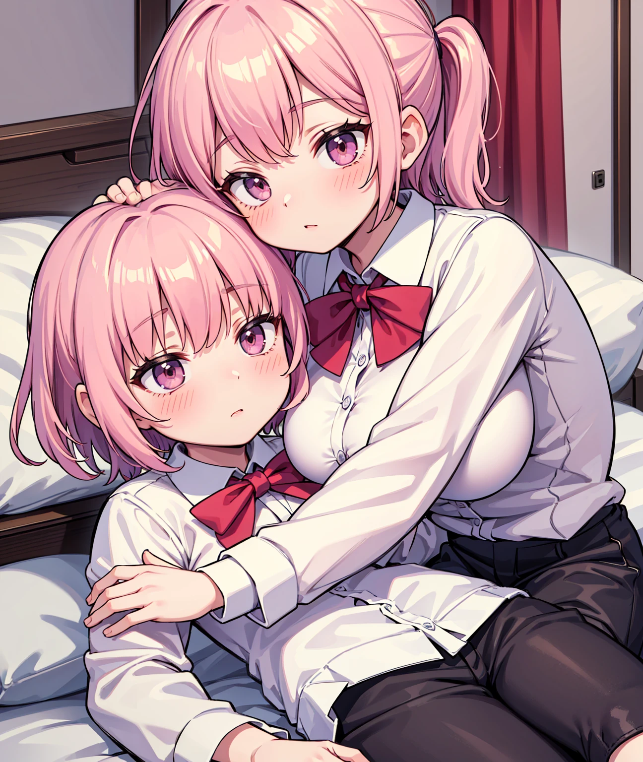 masterpiece, Highest quality, so beautiful, absurdists,High resolution,One girl, One boy,Cuddling in bed, like,sexly,Look at each one, blush,Age difference,bow tie,blondes,chest,Long Hair,Pink Hair,Tucked in shirt,short hair,skirt,Tent shirt,Slut,Big breasted sister and brother,Siblings, trousers,Pushing her big tits against her brother,My brother&#39;s penis erect in his trousers,(My brother&#39;s small erect penis),((((姉のHUGE breasts,Sister crushes her big tits in her brother&#39;s face))))