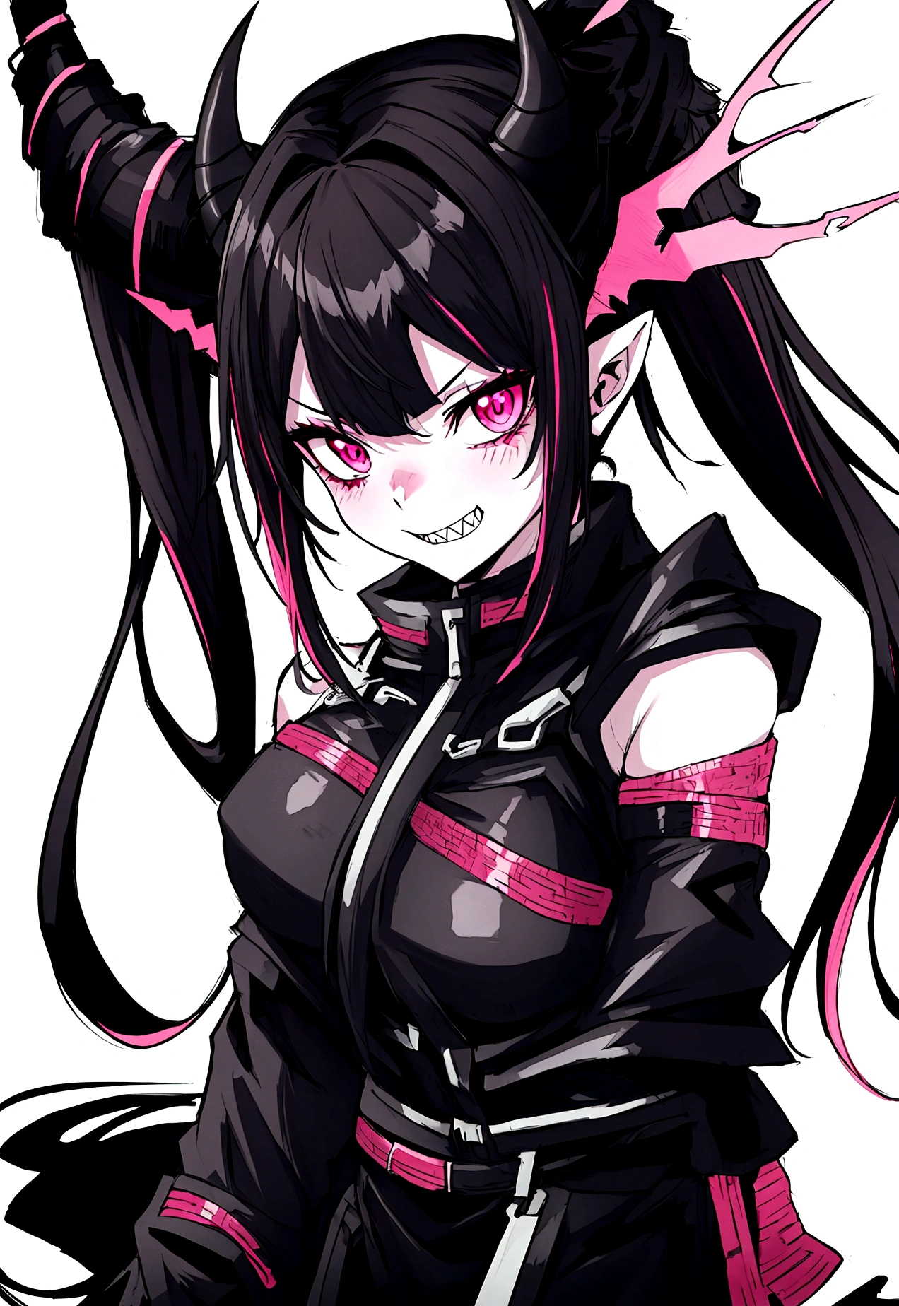 single female half dragon with grey skin, with black hair long twin tails style, with pink streaks, sharp teeth, black biker outfit, dragon tail and dragon horns