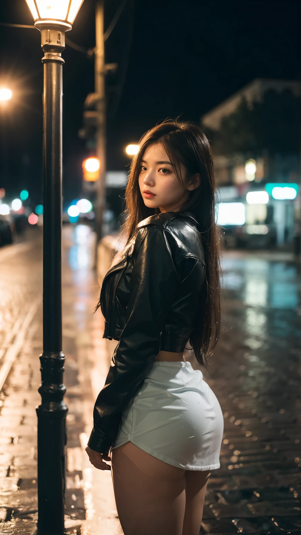 1girl,solo,long hair,Rough skin,(looking at viewer:1.2),wet hair,micro_shorts,dark,polaroid,(depth_of_field:1.5),rainy days,outdoors,street,hair between eyes,moody lighting,Tyndall effect,Cinematic Lighting,night,lamppost,lens flare,available light,rim light,glowing neon lights,curvy,chinese_style,miniskirt