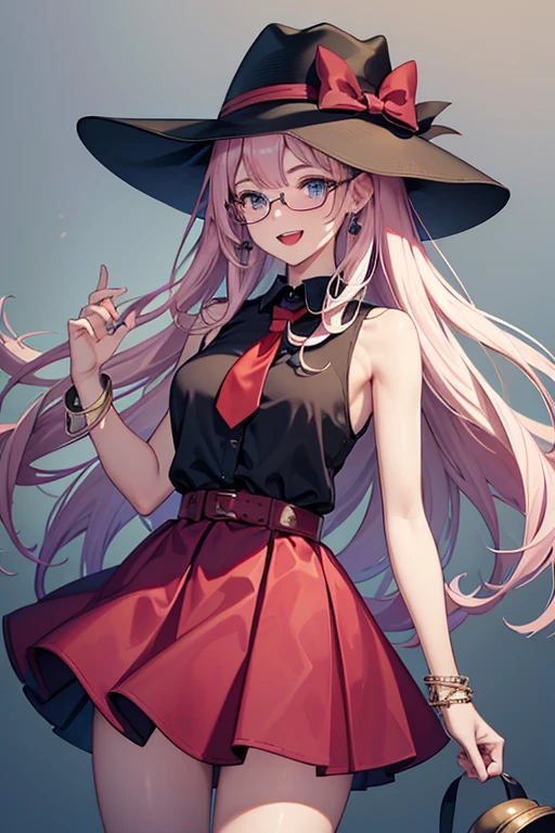 Masterpiece, Best Quality, high resolution, and the funeral, Alone, wide, glasses in hats, pink hats, eyelashes, Blue eyes, sleeveless shirt, black shirt, bracelet, High waist skirt, Red skirt, black thighs, standing, mar, tenure put the ball, put the ball \(basic\), tenure, SMILE, Open mouth, cowboy shot,