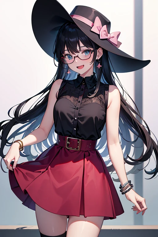 Masterpiece, Best Quality, high resolution, and the funeral, Alone, wide, glasses in hats, pink hats, eyelashes, Blue eyes, sleeveless shirt, black shirt, bracelet, High waist skirt, Red skirt, black thighs, standing, mar, tenure put the ball, put the ball \(basic\), tenure, SMILE, Open mouth, cowboy shot,