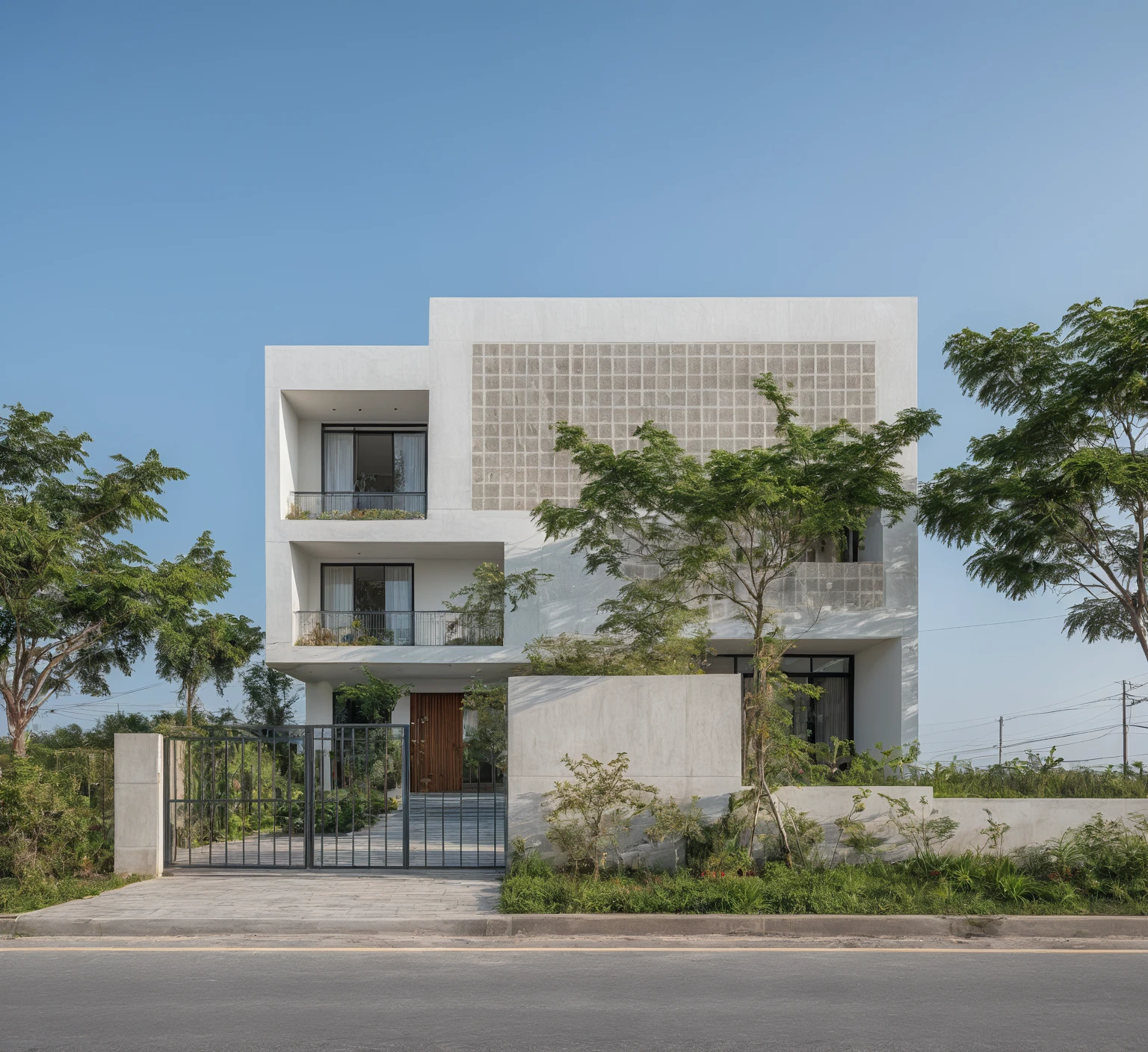 Raw photo,Masterpiece, high quality, best quality, authentic, super detail,
exterior, outdoors,Tuonghoagio,house, modern stytle, on the street,wind flower wall, glass windows, white wall,gate, metal railing
road,pavement, grass, trees, sky, (day:1.1)