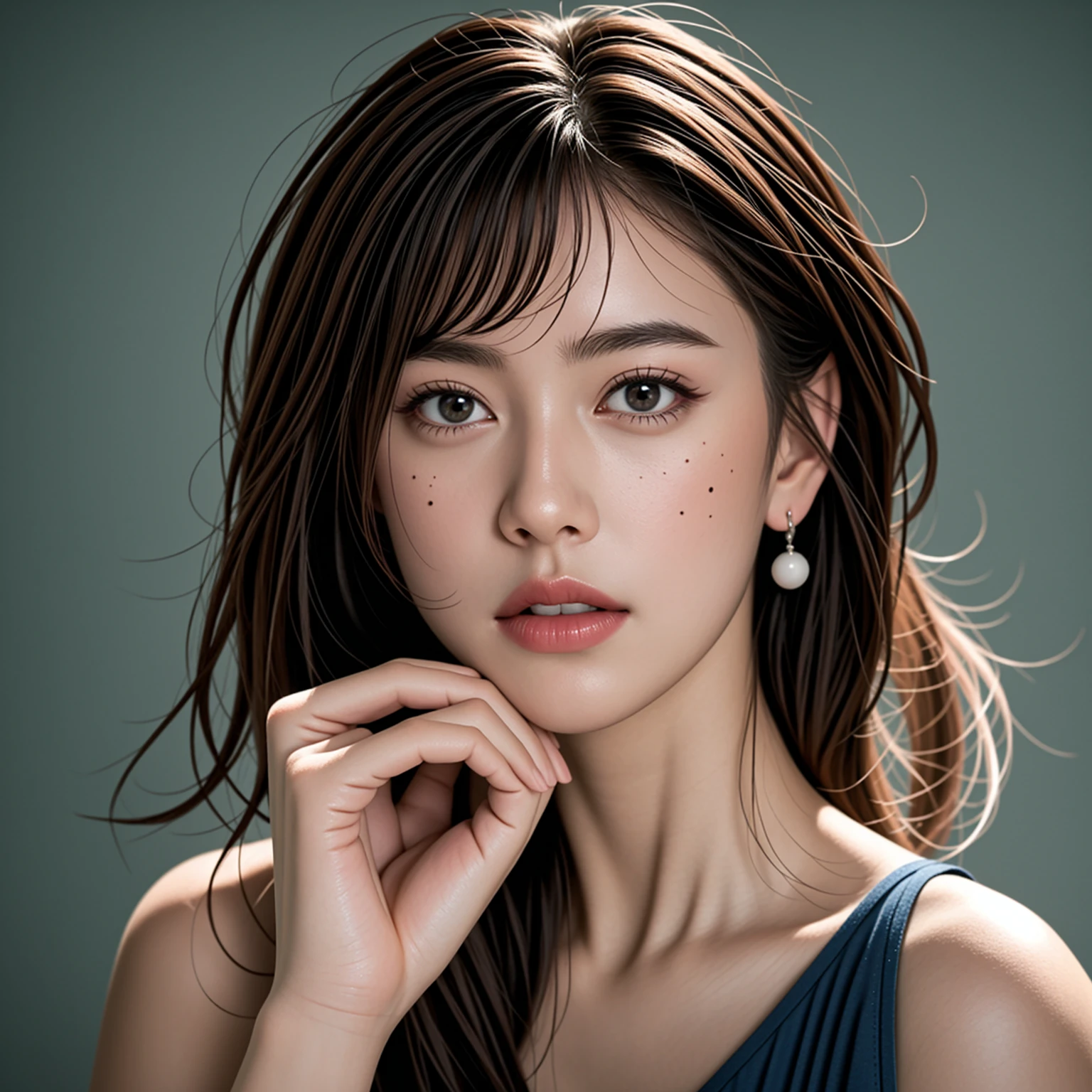 1girl, solo, breasts, looking at viewer, short hair, brown hair, shirt, black hair, bare shoulders, brown eyes, jewelry, upper body, earrings, parted lips, teeth, sleeveless, mole, blurry, lips, mole under eye, blurry background, blue shirt, realistic, nose