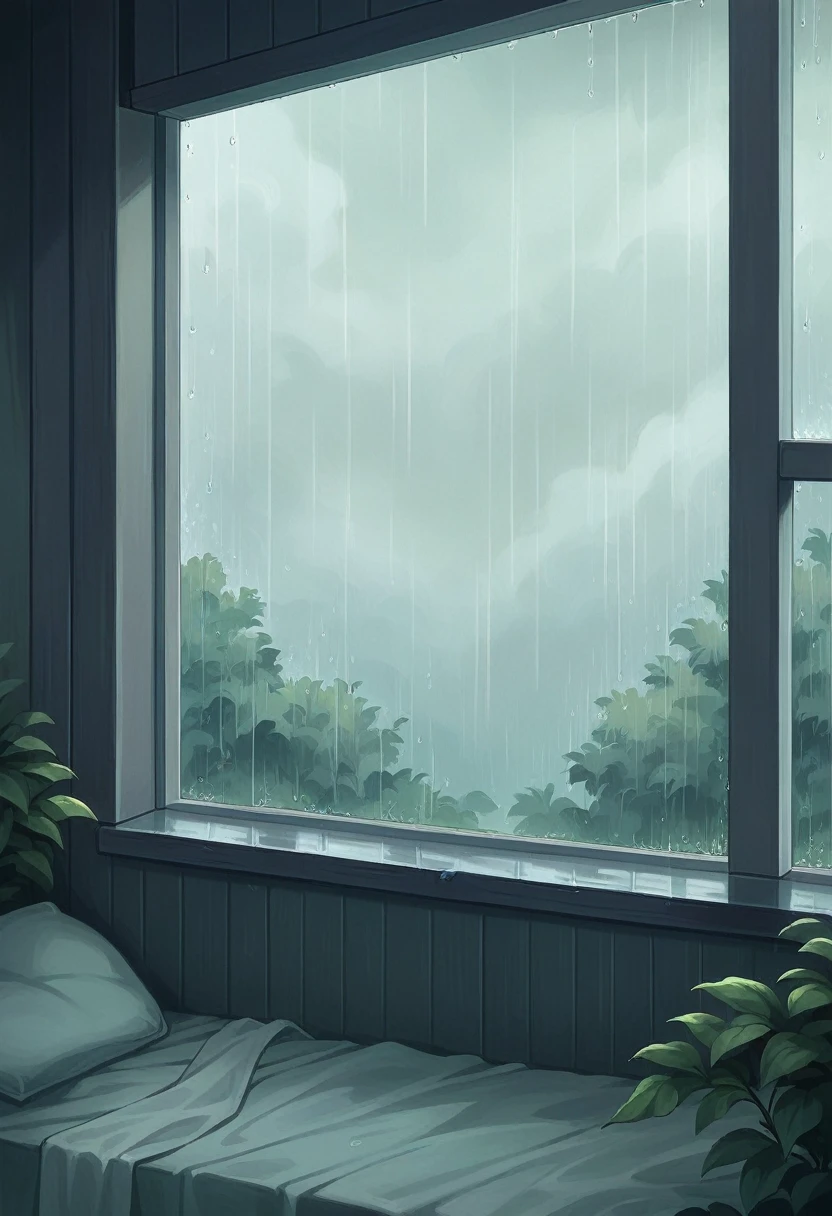 a close up of a bed in a room with a window, relaxing mood, relaxing calm vibes, relaxing environment, relaxing atmosphere, raining, rainy mood, raining outside, rain aesthetic, relaxing, rainy outside, rainy afternoon, rainy day outside, rain falling, rainy and gloomy atmosphere, it's raining, falling rain, day after raining, raining outside the window