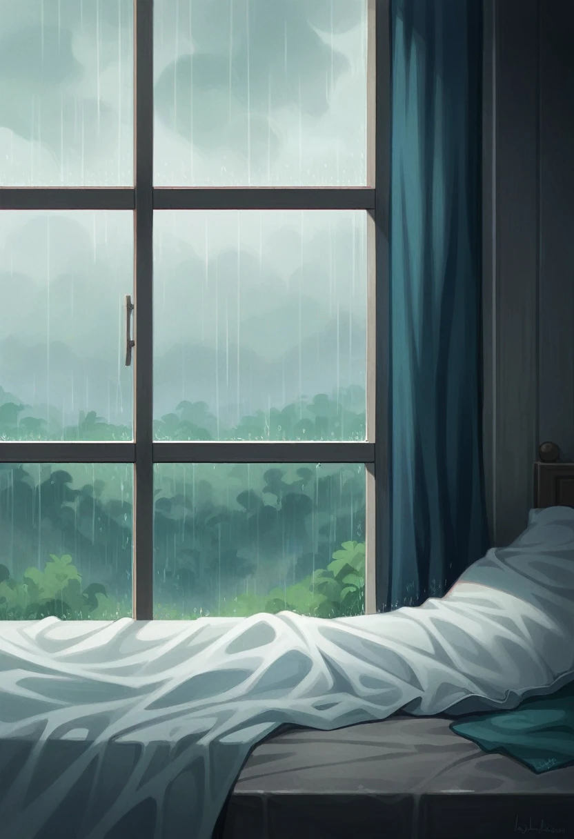 a close up of a bed in a room with a window, relaxing mood, relaxing calm vibes, relaxing environment, relaxing atmosphere, raining, rainy mood, raining outside, rain aesthetic, relaxing, rainy outside, rainy afternoon, rainy day outside, rain falling, rainy and gloomy atmosphere, it's raining, falling rain, day after raining, raining outside the window