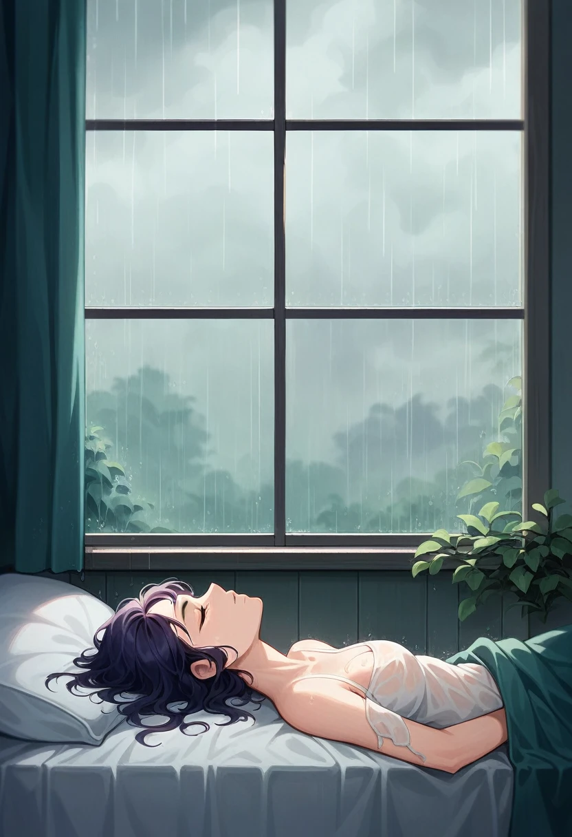 a close up of a bed in a room with a window, relaxing mood, relaxing calm vibes, relaxing environment, relaxing atmosphere, raining, rainy mood, raining outside, rain aesthetic, relaxing, rainy outside, rainy afternoon, rainy day outside, rain falling, rainy and gloomy atmosphere, it's raining, falling rain, day after raining, raining outside the window