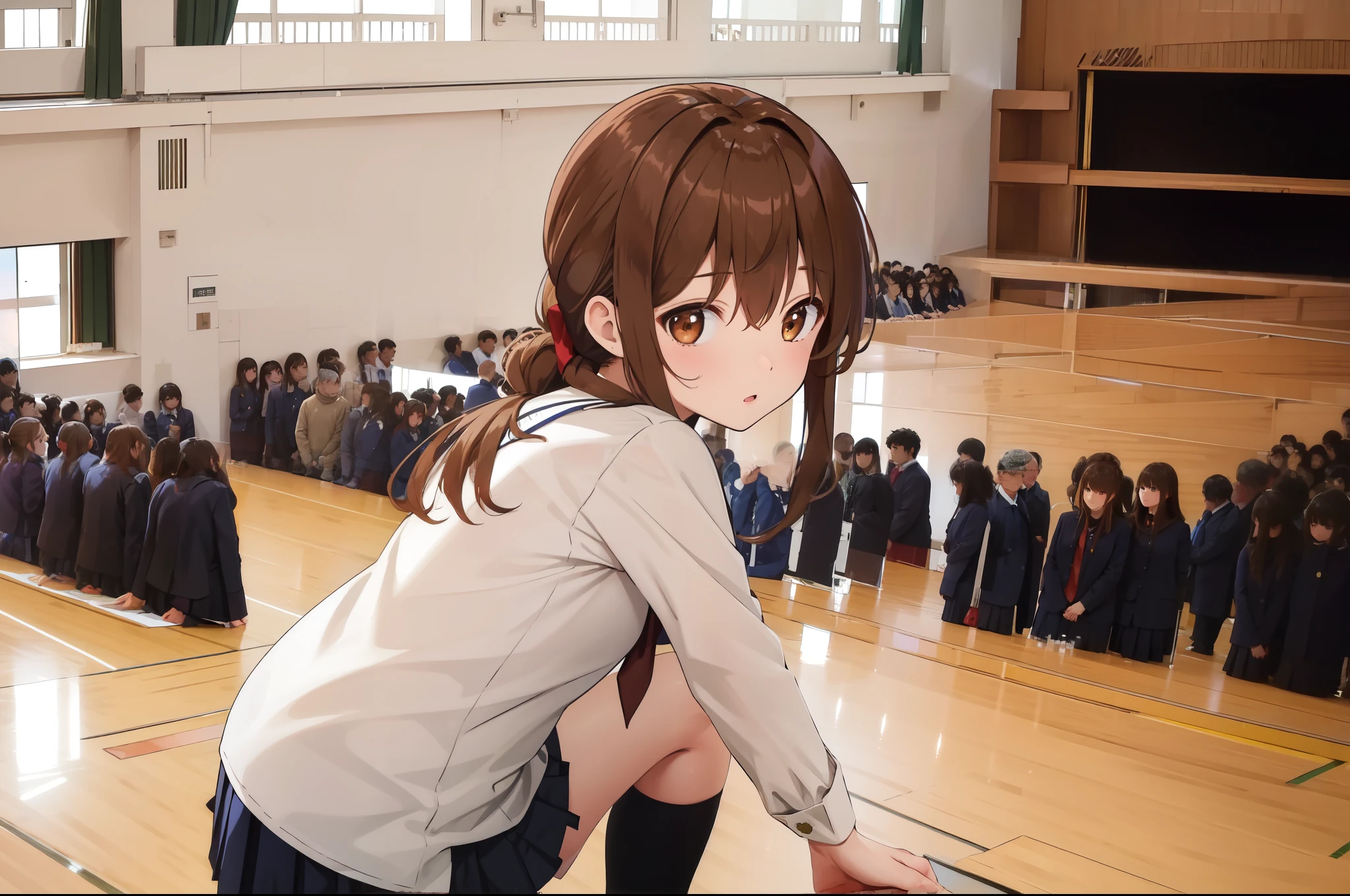 (masterpiece, best quality:1.2),illustration,8k,hd,1girl,solo,upper body,(portrait:1.2),brown_hair,folded_ponytail,brown_eyes,serafuku,long_hair,school_uniform,skirt,pleated_skirt,