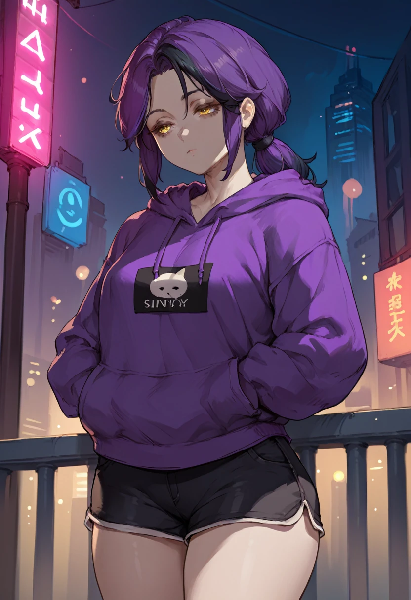 score_9, score_8_up, score_7_up, score_6_up, score_5_up, score_4_up, BREAK source_anime,rating_risky, a girl, thin, pale skin, skinny, tired expression, low ponytail, purple hair, yellow eyes, eye bags, tired expression, purple hoodie, thick thighs, black shorts, tight clothing, bold comic style, city background, purple clothes with black highlights, nighttime, neon lights, hard lighting
