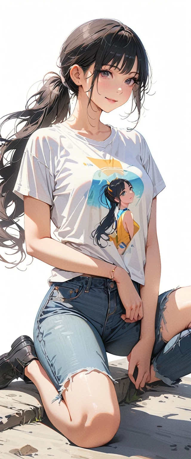 20 years old,1 mature woman,hyperrealistic, 8k, (extremely detailed 8k), (very delicate and beautiful), (masterpiece), (better quality:1.0), (ultra high resolution:1.0), (masterpiece, best quality),cute,black hair,ponytail,full body,white background,realistic skin,t-shirt,short denim pants,cap,,model posing