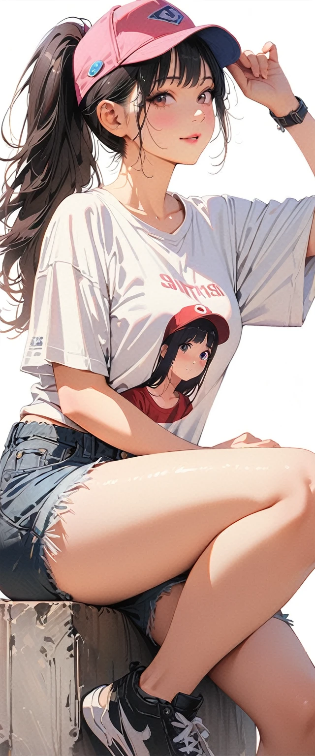 20 years old,1 mature woman,hyperrealistic, 8k, (extremely detailed 8k), (very delicate and beautiful), (masterpiece), (better quality:1.0), (ultra high resolution:1.0), (masterpiece, best quality),cute,black hair,ponytail,full body,white background,realistic skin,t-shirt,short denim pants,cap,,model posing
