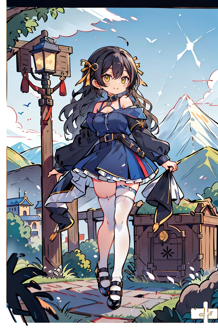 (masterpiece:1.2), (high quality:1.2), hui xiyi, rekkyo sensen, rekkyou sensen, (full body, chibi girls:1.45), solo focus, girls with((black hair, tits cleavage, exposed breasts, breasts close up, dress, (blue clothes:1.3), ribbon belt, off-shoulder sleeves, long sleeves, off shoulder jacket, frills shirt, frills camisole, straps, (ribbon tie, rosary choker, golden rosary, cross:1.05), (strap shoes, black shoes, exposed legs, exposed foots, left thighhigh, white thighhigh:1.67), (long wavy hair, one side up:1.4))), background with ((architecture, blue sky, building, bush, castle, village, no humans, cloud, cloudy sky, day, fence, field, garden, grass, hill, house, lamppost, landscape, mountain, mountainous horizon, nature, no humans, outdoors, scenery, shrine, sky, tower))