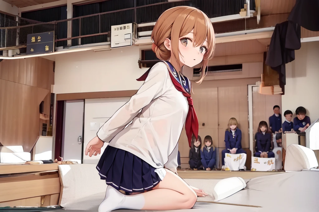 A female student in a sailor uniform is watching a physical education class in the gymnasium because she is feeling unwell