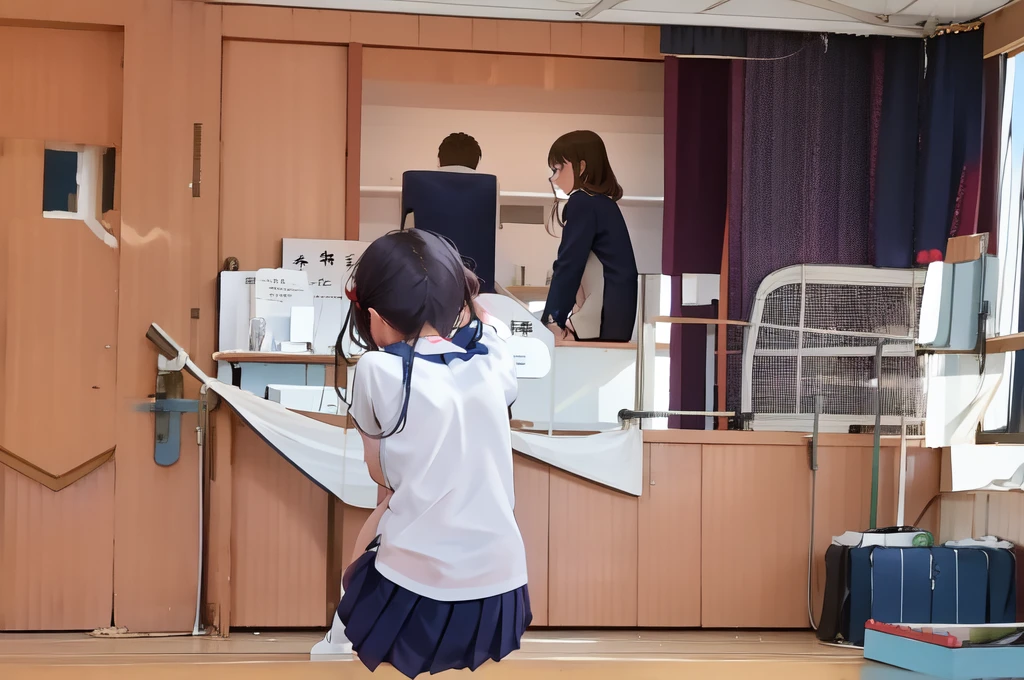 A female student in a sailor uniform is watching a physical education class in the gymnasium because she is feeling unwell
