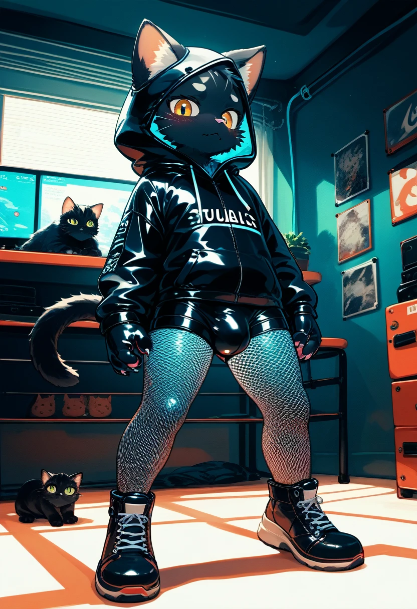 Highest quality, Highest quality, High quality illustrations, masterpiece, Ultra-high resolution, Detailed Background, Gaming Room, Absurd, Perfect Anatomy, performance, Good lighting, Shadows in the movies(kemono, Furry Personification), cat, Black Skin, Rubber suit, Rubber suit, latex, neon, neonライト, neonカラー, Fishnet tights, Rubber Hoodie,  Embarrassed, null bulge, male, juvenile