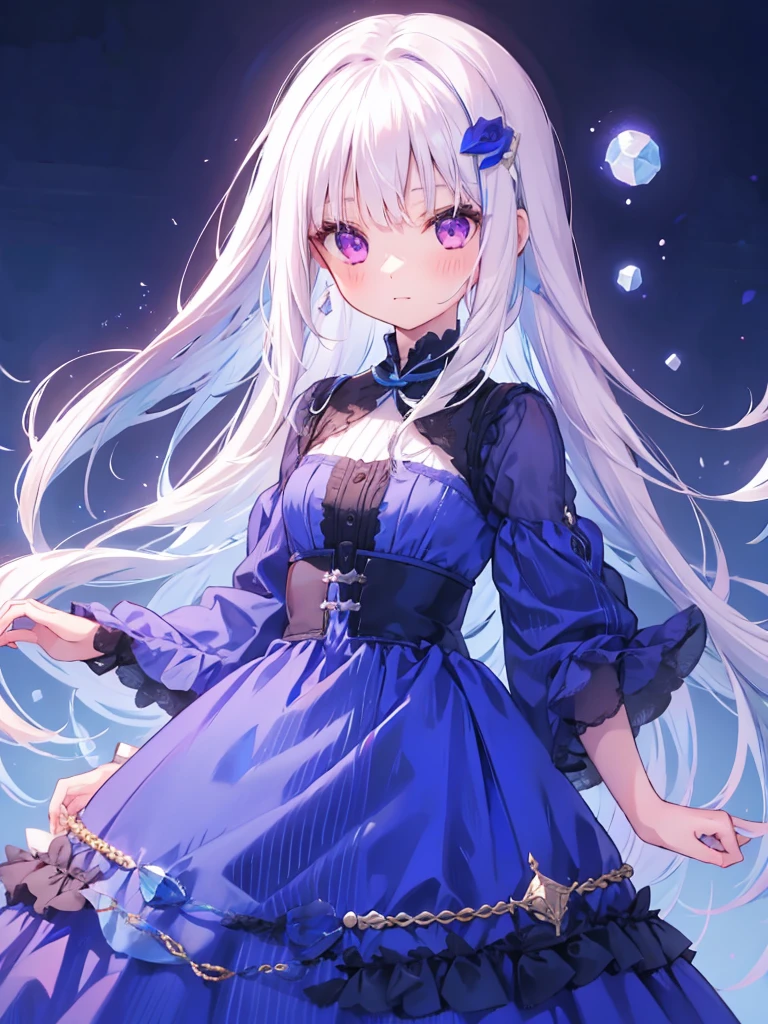1 girl, long hair, white hair, purple eyes, blue dress, portrait.