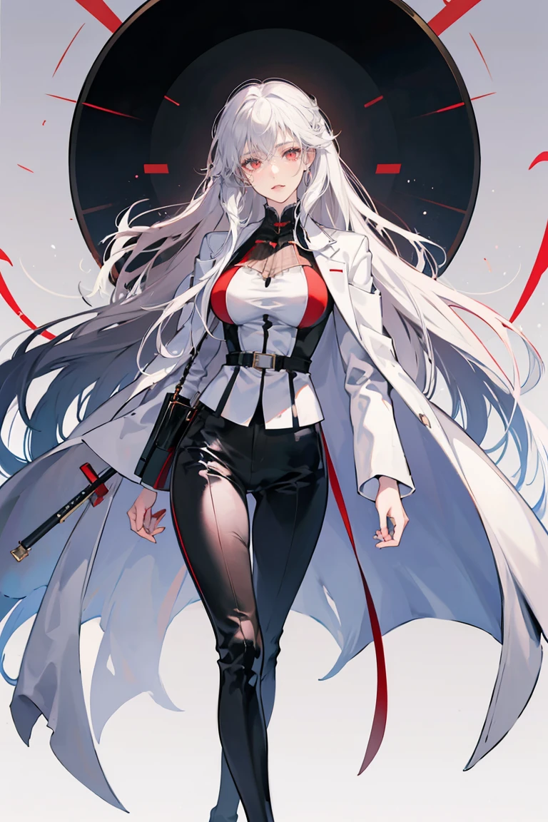anime - (masterpiece), best quality, seductive eyes, mature face, red eyes, long length white hair, black suit, black pants, white coat, tall woman, long legs, adult-like female, 1girl, big breast, smug face