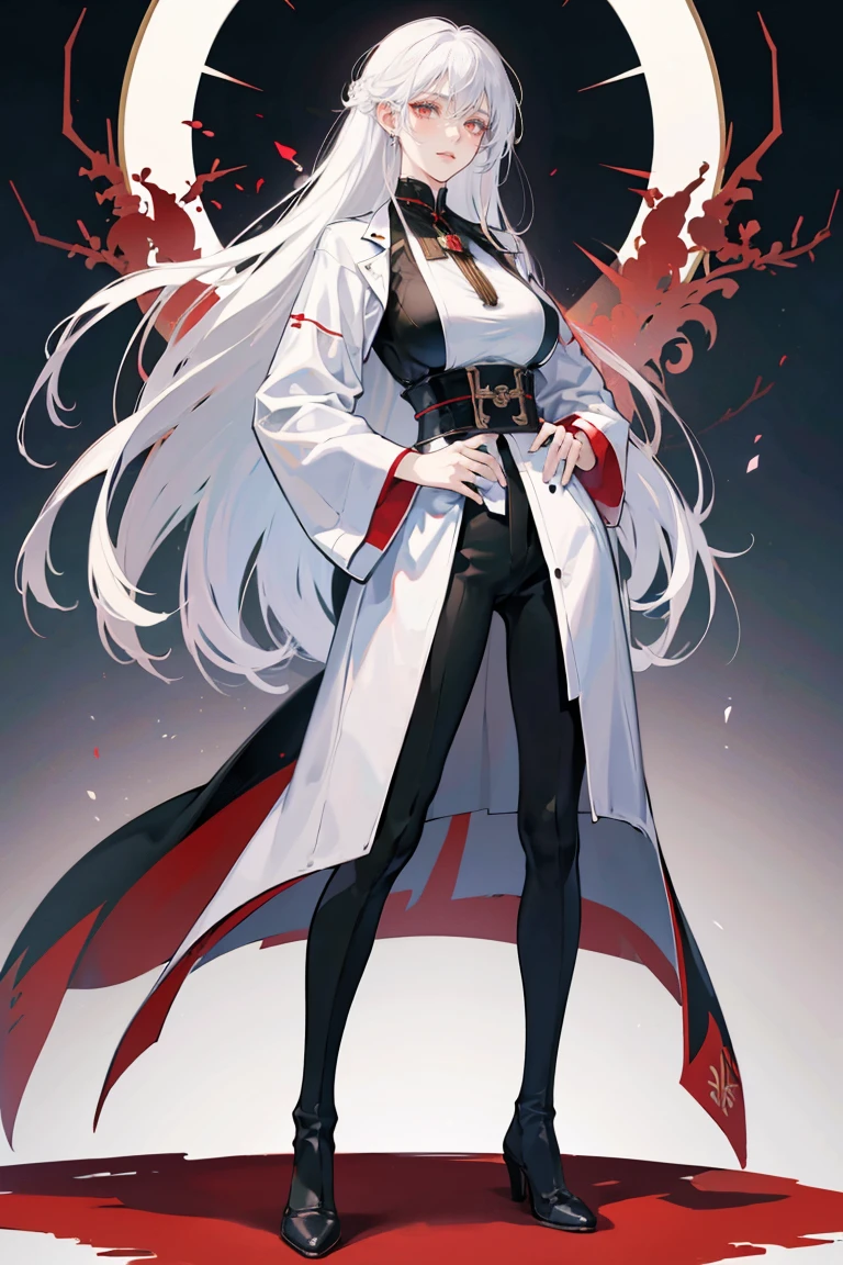 anime - (masterpiece), best quality, seductive eyes, mature face, red eyes, long length white hair, black suit, black pants, white coat, tall woman, long legs, adult-like female, 1girl, big breast, smug face