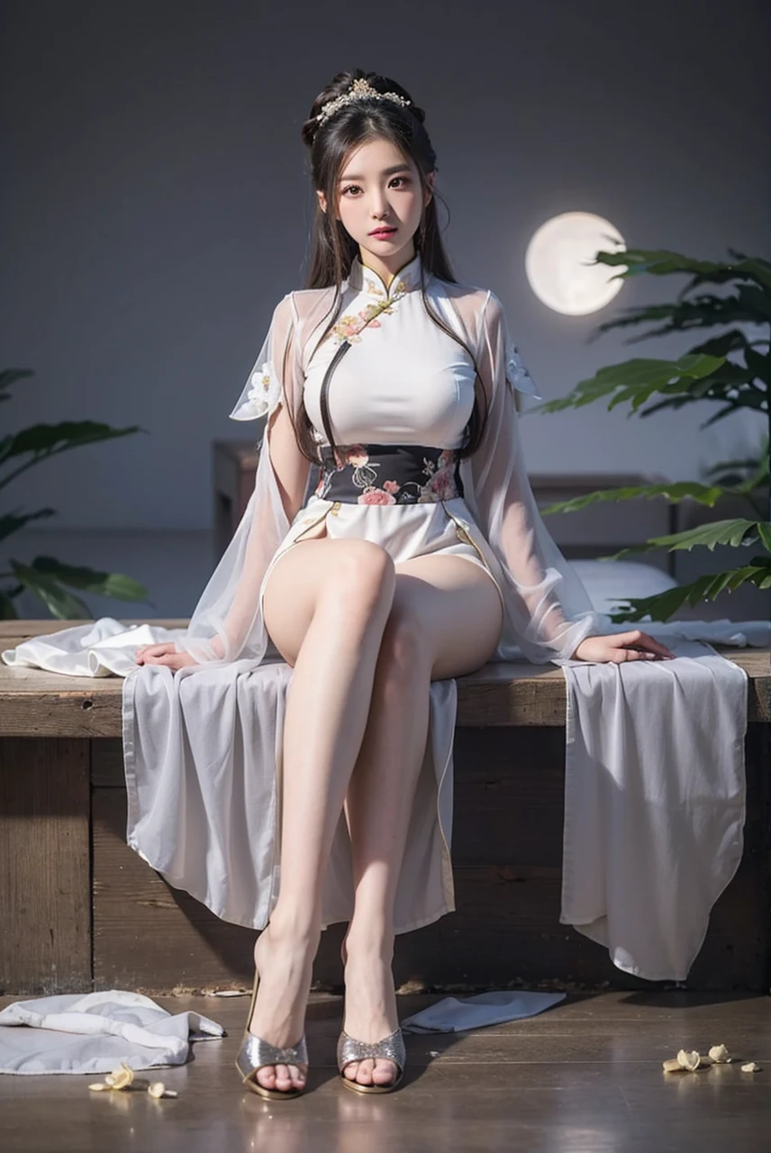 Beautiful Chinese waifu, early 30s, brunette hair, white traditional Chinese dress