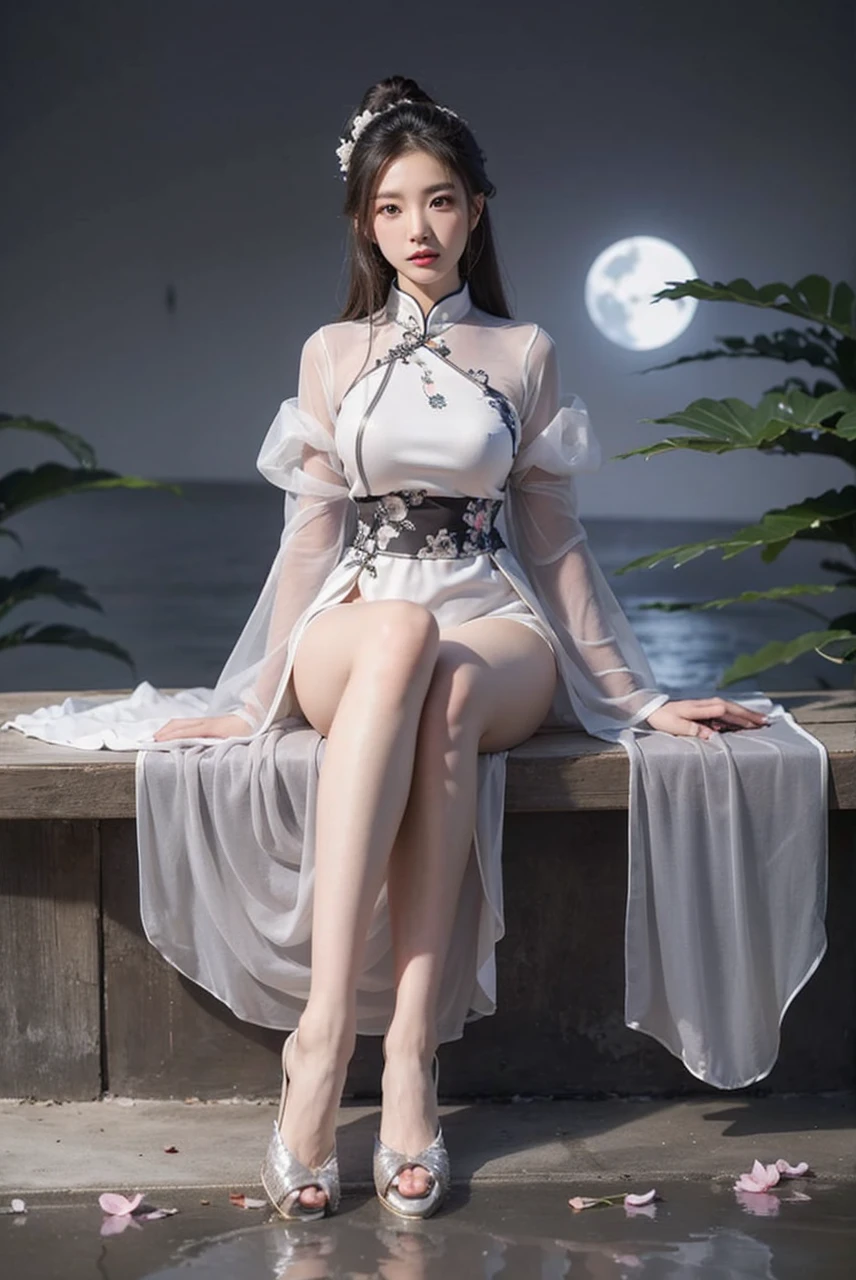 Beautiful Chinese waifu, early 30s, brunette hair, white traditional Chinese dress