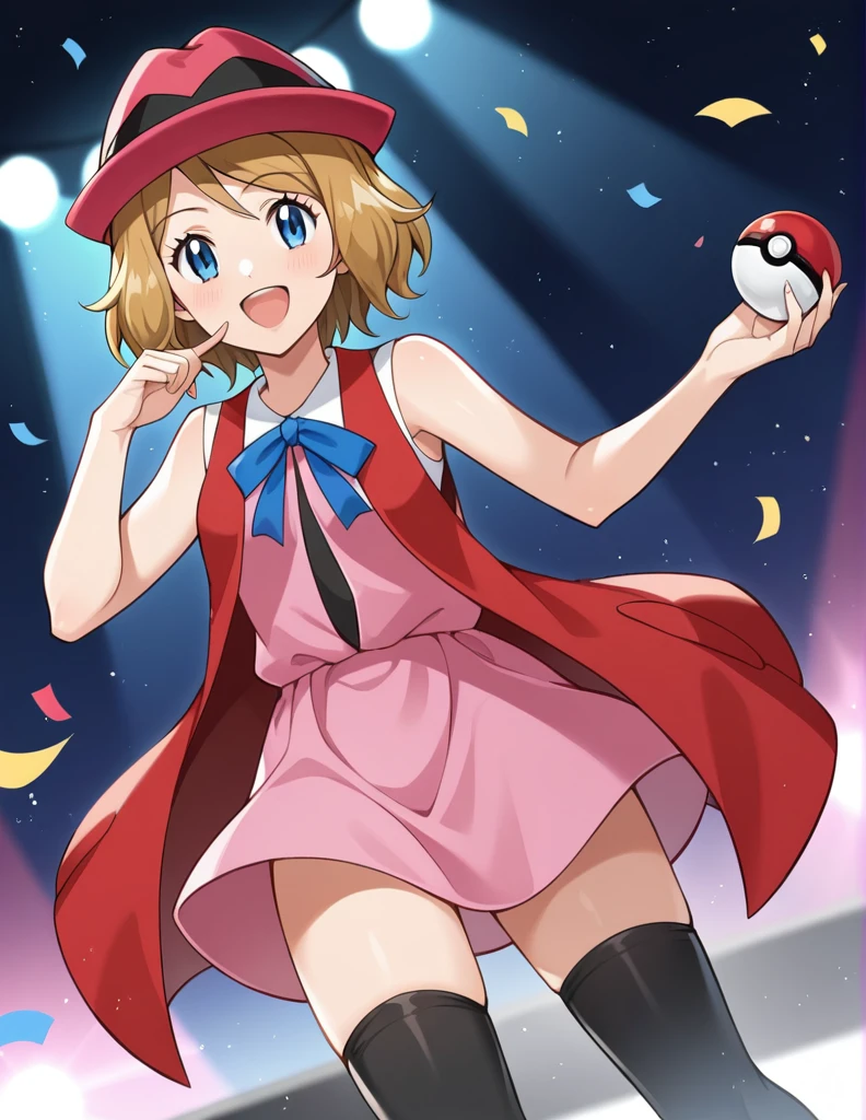 score_9, score_8_up, score_7_up, source_anime, rating_safe, BREAK serena \(pokemon\), 1girl, blue eyes, eyelashes, short hair, blonde hair, hat, neck ribbon, blue ribbon, pink shirt, sleeveless, bare arms, red jacket, pink skirt, black thighhighs, dutch angle, hand up, smile, happy, open mouth, holding poke ball, light particles, light rays, dutch angle, aura, backlighting, confetti, light particles, light rays, stage, stage lights, spot light