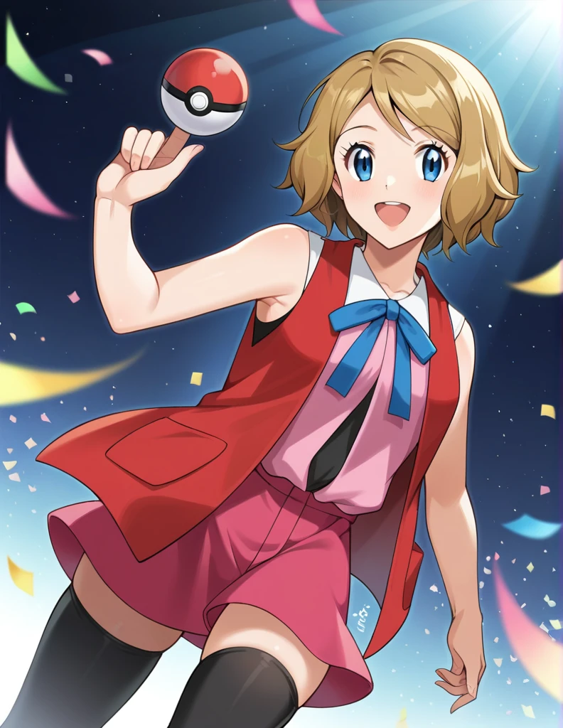 score_9, score_8_up, score_7_up, source_anime, rating_safe, BREAK serena \(pokemon\), 1girl, blue eyes, eyelashes, short hair, blonde hair, hat, neck ribbon, blue ribbon, pink shirt, sleeveless, bare arms, red jacket, pink skirt, black thighhighs, dutch angle, hand up, smile, happy, open mouth, holding poke ball, light particles, light rays, dutch angle, aura, backlighting, confetti, light particles, light rays, stage, stage lights, spot light