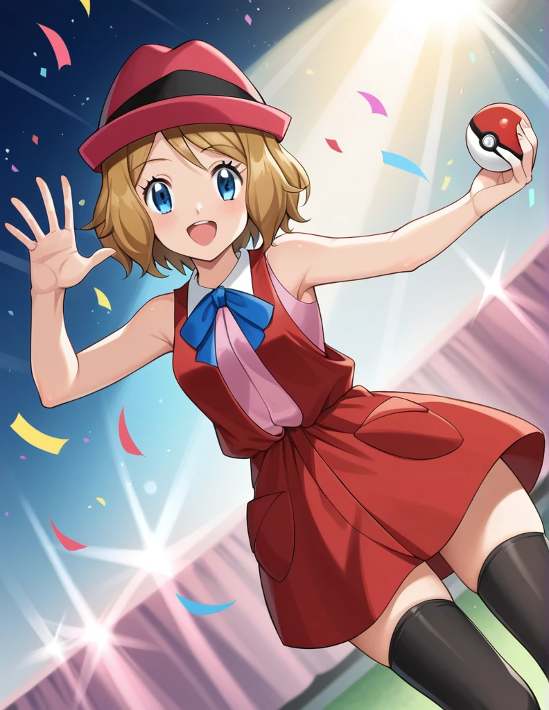 score_9, score_8_up, score_7_up, source_anime, rating_safe, BREAK serena \(pokemon\), 1girl, blue eyes, eyelashes, short hair, blonde hair, hat, neck ribbon, blue ribbon, pink shirt, sleeveless, bare arms, red jacket, pink skirt, black thighhighs, dutch angle, hand up, smile, happy, open mouth, holding poke ball, light particles, light rays, dutch angle, aura, backlighting, confetti, light particles, light rays, stage, stage lights, spot light