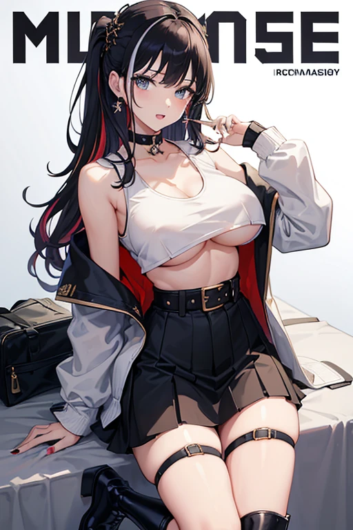 (masterpiece:1.2), (Military uniform magazine cover:1.4),best quality,PIXIV,Sweet girl , sexy posture,1girl, (perky chest:1.2), rolling upskirt by wind:1.6, (with sparkling eyes and a contagious smile),open mouth, (pointed chest:1.2),fishnets, black hair, boots, long hair, black nails, skirt, shirt, black footwear, bag, black skirt, jewelry, jacket, thigh strap, bangs, necktie, earrings, nail polish, multicolored hair, looking at viewer, full body, bottle, own hands together, belt, jacket on shoulders, food, cats on head, ring, choker, english text, collared shirt, blue eyes, hat, lace-up boots ,masterpiece、highest quality、Very detailed、An illustration、Beautiful fine details、One Girl、cute、Detailed landscape、Training Room Background:1.4、Platinum Blonde Hair、Braided Ponytail、Red camisole、((c cup breasts, Tank top showing underboob:1.4))
