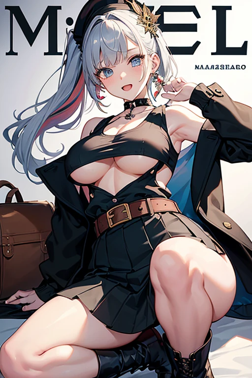 (masterpiece:1.2), (Military uniform magazine cover:1.4),best quality,PIXIV,Sweet girl , sexy posture,1girl, (perky chest:1.2), rolling upskirt by wind:1.6, (with sparkling eyes and a contagious smile),open mouth, (pointed chest:1.2),fishnets, black hair, boots, long hair, black nails, skirt, shirt, black footwear, bag, black skirt, jewelry, jacket, thigh strap, bangs, necktie, earrings, nail polish, multicolored hair, looking at viewer, full body, bottle, own hands together, belt, jacket on shoulders, food, cats on head, ring, choker, english text, collared shirt, blue eyes, hat, lace-up boots ,masterpiece、highest quality、Very detailed、An illustration、Beautiful fine details、One Girl、cute、Detailed landscape、Training Room Background:1.4、Platinum Blonde Hair、Braided Ponytail、Red camisole、((c cup breasts, Tank top showing underboob:1.4))
