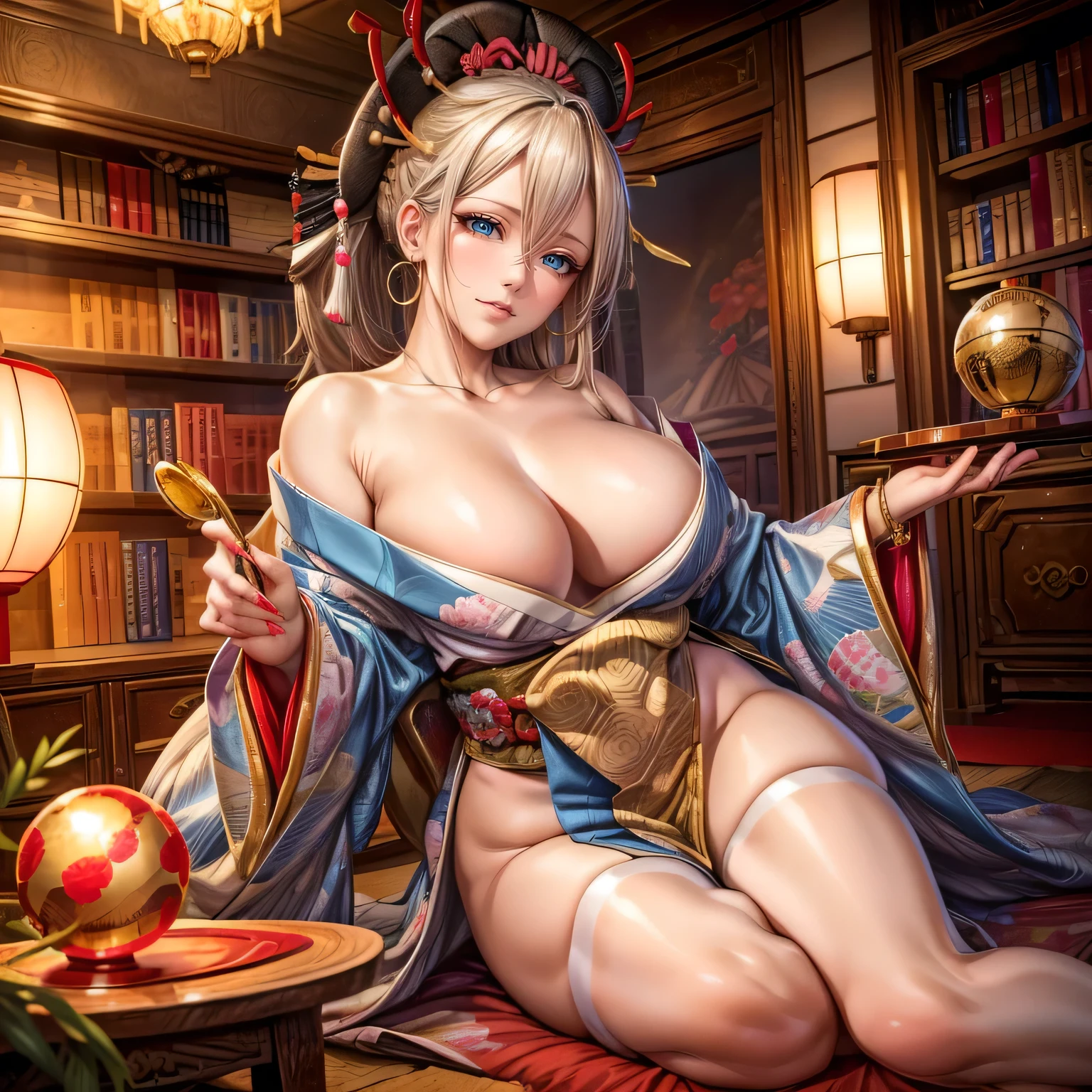 masterpiece, Highest quality, (((ソロMature Womanジャネット))), (((Platinum Blonde Hair))), Long braided ponytail, (((Wide Hips))), (((Bright Blue Eyes))), Fuller lips, Captivating smile, Cleavage, Seated on a wooden throne, (((Bookshelf, Candles))) sunset, Blushing, , "Beautiful mature face" , 30 years old , Mature Woman , Adult ((An open kimono with a gold pattern)), Bare shoulders, ((Sexual suggestion)), Perfect beautiful eyes, Fine grain. Thick lips, ((Big Breasts)), (Thick thighs), top down, Look down, (((Shiny skin))), (((Chubby))), (((Crystal Ball)), necklace, bracelet, Hoop Earrings, (((Faces of Europe))), ((Oiran)), Japanese Clothing, Boob Plate, heart, Complex, eye shadow, Floral print, hairpin, lipstick, compensate, Red lips, sarashi, kiseru, Hairpin