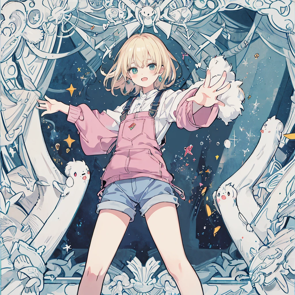 short cute male, very pale skin, beautiful eyes, perfect hands, heterochromia, one eye is red one eye is pink, long legs, narrow waist, perspective, short chin-length blonde hair with dyed pink tips, perfect hands, male, fluffy bear slippers, crossed bangs, vivid colors, best quality, high quality, short messy wavy hair, casual wear, overalls, loose sleeves, pale blue jean shorts, striped knee high socks, earring on left ear, fangs, :3, smug, CG image, character splash art, high detail