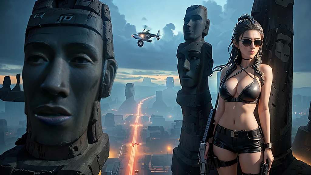 At night, dark sky, aerial view of fantasy cyberpunk style ((Moai-statue)) city, ((flying vehicle)). ((1girl, solo, alone)), photo realistic, medium-breast:1.1 slim body, cleavage, sexy clothes, (black sunglasses), (((hip-up standing and pistol aiming pose))), half-body thigh level medium shot, cinematic lighting.