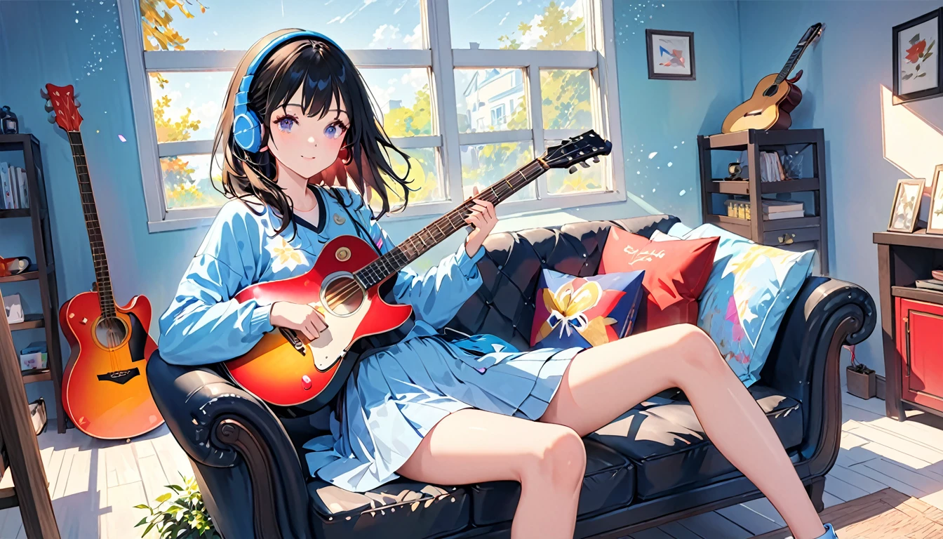 (Absurd:1.1, High resolution:1.1, 超detailed:1.1), 非常にdetailedな, 超detailed hair, (Fine grain:1.4), (Shining Eyes:1.3), thin, cute, Perfectly symmetrical face, narr○w waist, 超cute girl, 超cute face, 超cute, Super beautiful, Beautiful colors, merry (Yanmar gauge),From wlop,((Great quality)), (Beautiful legs), Sitting, smartphone, Upper body rest (Beautiful colors,detailed,Highest quality,Great quality,so beautiful), guitar, Headphones, Jersey, Chair, Lighting and Shadows(perspective), Lighting particles, colorful, masterpiece, Stylish room,