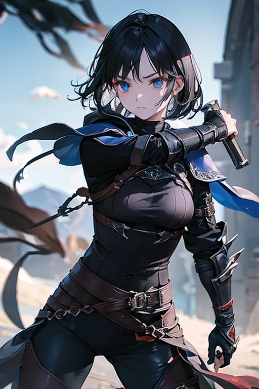 A black-haired girl wields the Heavy Thrusting Swords from within the Elden Ring in a reverse grip.