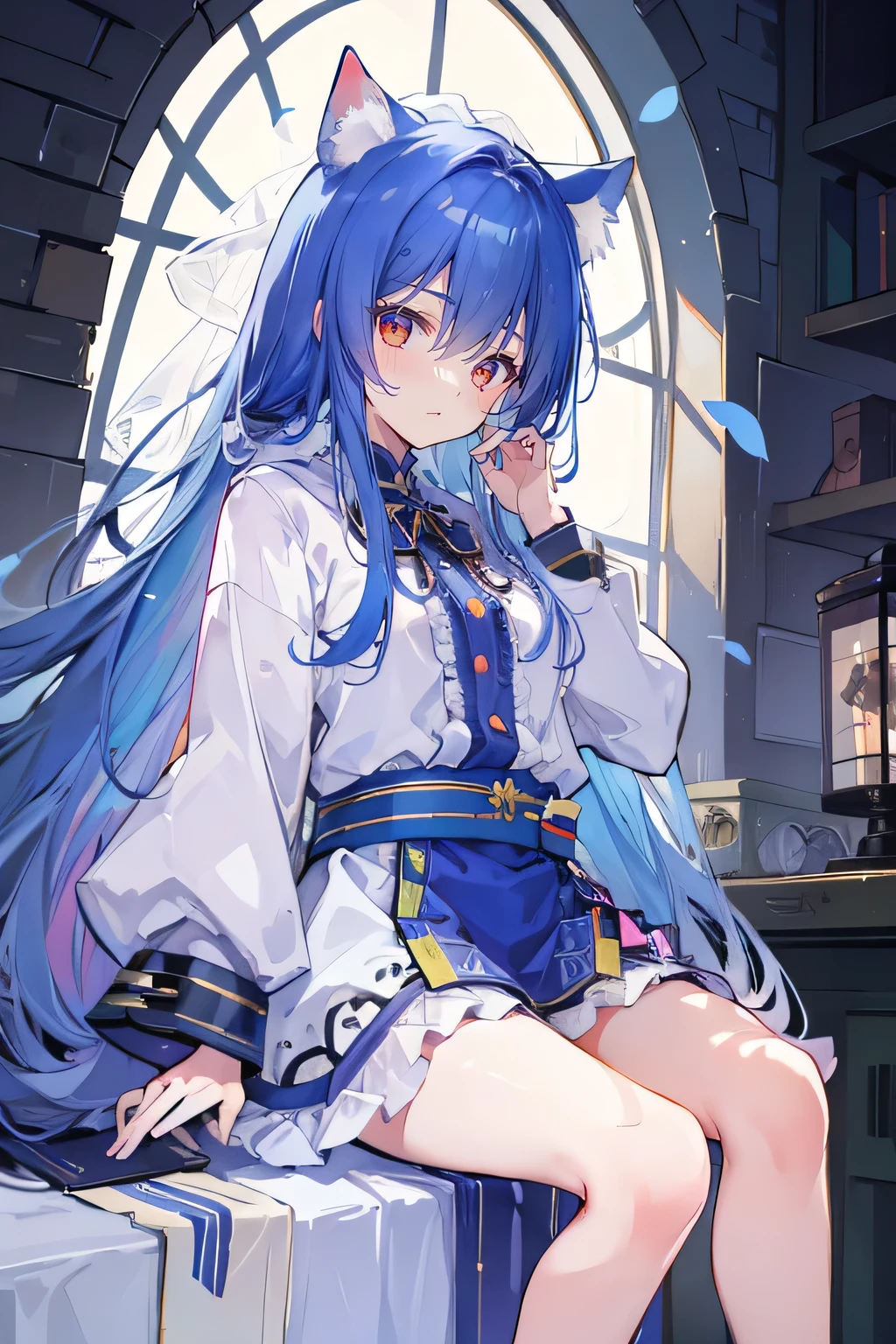 (masterpiece:1.2),Super detailed,lifelike,Expressive eyes,fair skin,perfect face shape,1 girl,
Japanese comics,Gorgeous blue hair,flowing blue hair,flowing clothes,Cat ears,Petals fall,beautiful lola,Baby Angel,
Shaking head with one hand,Cross your legs,Gentle and peaceful background,The pavilion is cool and comfortable,smile, wearing hoodie, In front of the window,snowing