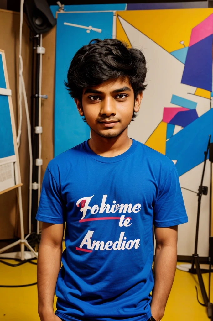 A cartoon boy in studio his t shirt written Kobra Anuj it