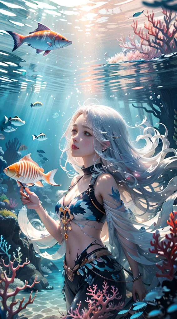 Conceptual art of marine life, Undersea landscape, Marine life，Beautiful coral reefs come in different shapes, 3D，, Fish, Female animated fantasy illustration. Long white hair scattered in the sea, Drift, Very harmonious. The whole painting adopts a messy and imaginative painting style. The colors are bright and saturated, And with smooth lines. The mystery and beauty of the ocean, The painting depicts an underwater world full of life and vitality, Animated art wallpaper 8 K