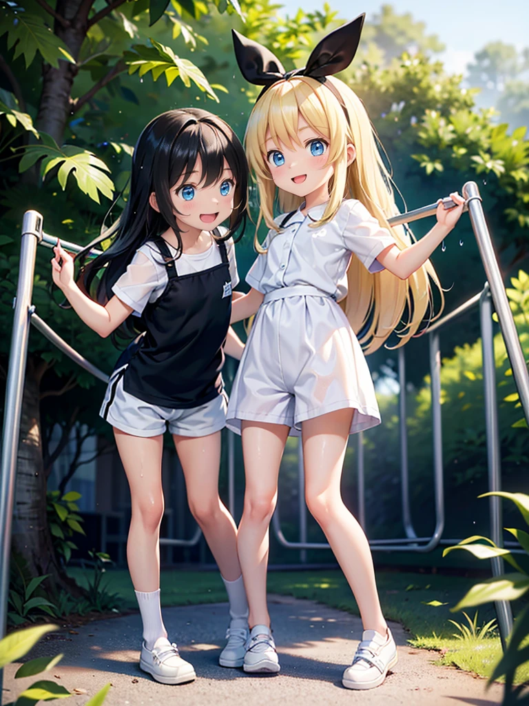 10 and 8 year old girls、blonde, Long Hair, blue eyes, Black Hair Ribbon, white shorts, spats, Happy, Hilarious, Day, outside, White shoes, flat, short, Playing on the jungle gym in the park、Wet with sweat