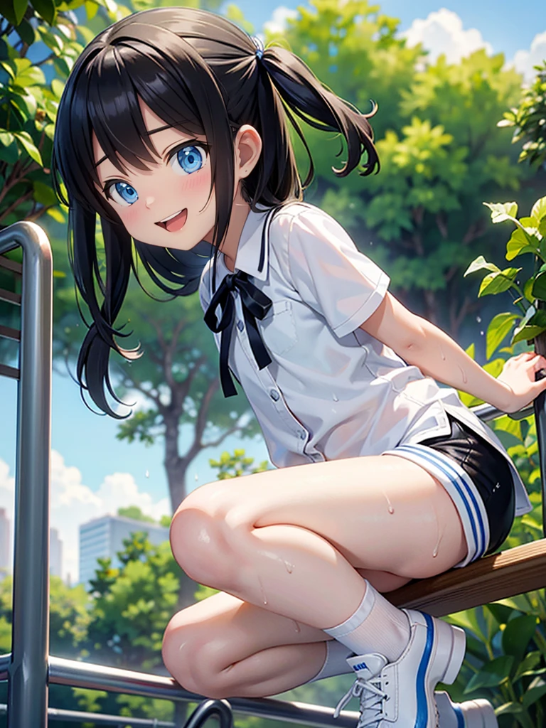 10 and 8 year old girls、blonde, Long Hair, blue eyes, Black Hair Ribbon, white shorts, spats, Happy, Hilarious, Day, outside, White shoes, flat, short, Playing on the jungle gym in the park、Wet with sweat