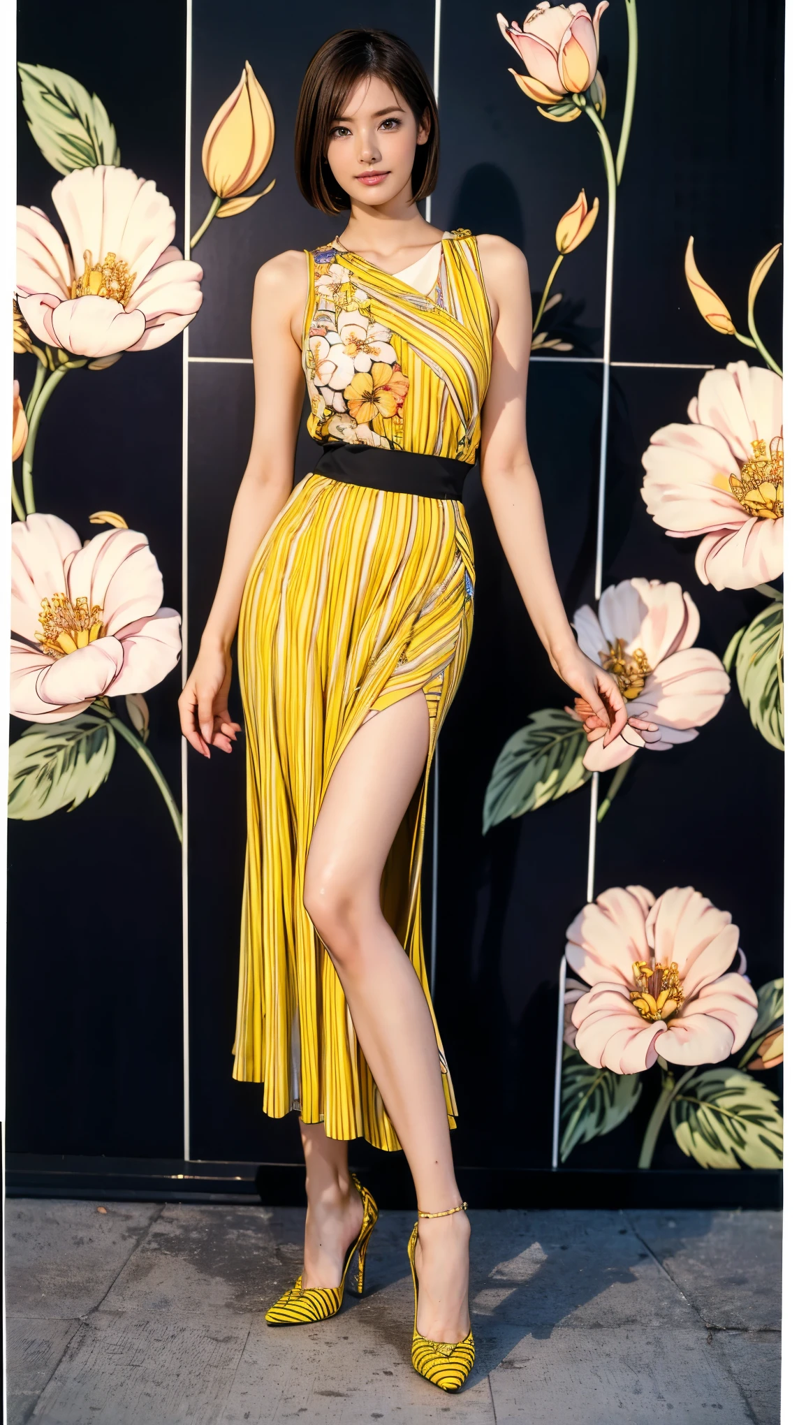 ((masterpiece)),(((Highest quality))),Thin thighs,Long legs,whole body:1.5,(One Girl:1.3),(Black high heels:1.3),(Wearing a floral striped mid-long flared skirt dress:1.2),Short blonde hair:1.2、Model pose with legs spread wide:1.5