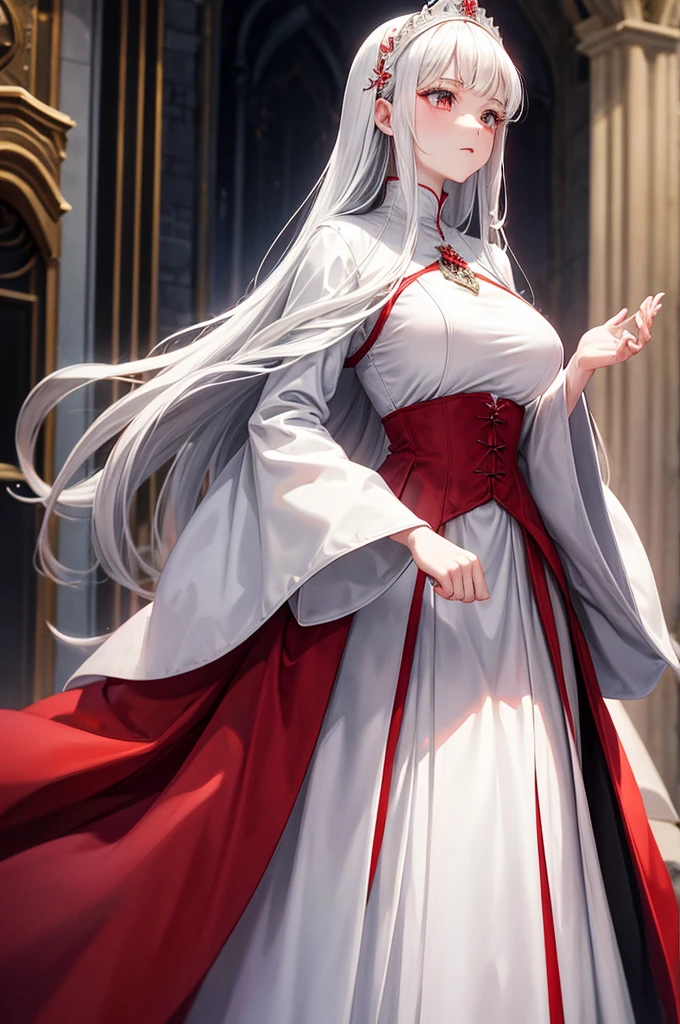 White and red medieval dress, Super voluminous skirt, Round Princess Skirt, High throat, Cover the body from neck to toe, Covered neck, Wearing a long black fur jacket, white, translucent, A soft dress,