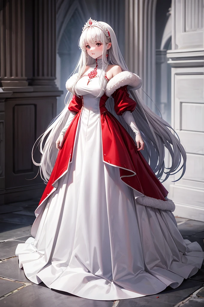 White and red medieval dress, Super voluminous skirt, Round Princess Skirt, High throat, Cover the body from neck to toe, Covered neck, Wearing a long black fur jacket, white, translucent, A soft dress,