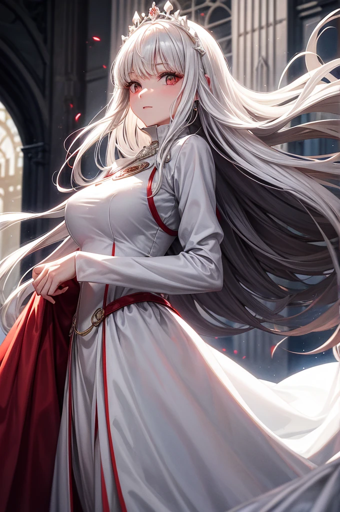 White and red medieval dress, Super voluminous skirt, Round Princess Skirt, High throat, Cover the body from neck to toe, Covered neck, Wearing a long black fur jacket, white, translucent, A soft dress, 