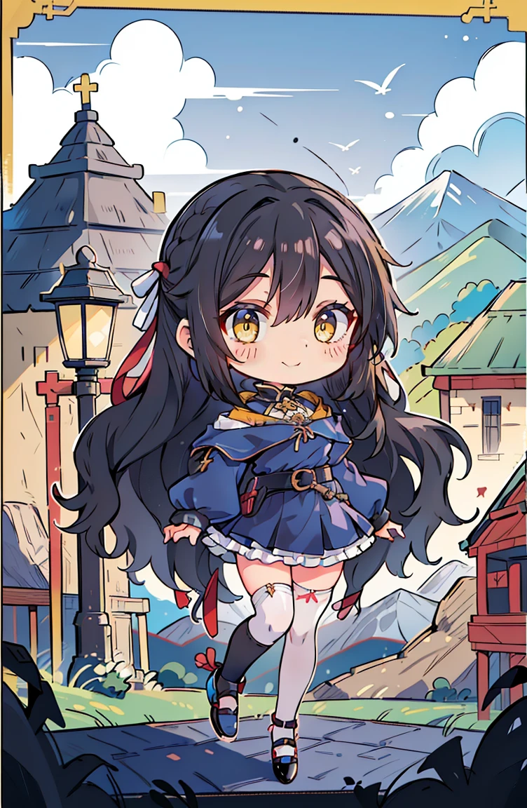 (masterpiece:1.2), (high quality:1.2), hui xiyi, rekkyo sensen, rekkyou sensen, (full body, chibi girls:1.45), solo focus, girls with((black hair, tits cleavage, exposed breasts, breasts close up, dress, (blue clothes:1.3), ribbon belt, off-shoulder sleeves, long sleeves, off shoulder jacket, frills shirt, frills camisole, straps, (ribbon tie, rosary choker, golden rosary, cross:1.05), (strap shoes, black shoes, exposed legs, exposed foots, left thighhigh, white thighhigh:1.7), (long wavy hair, one side up:1.4))), background with ((architecture, blue sky, building, bush, castle, village, no humans, cloud, cloudy sky, day, fence, field, garden, grass, hill, house, lamppost, landscape, mountain, mountainous horizon, nature, no humans, outdoors, scenery, shrine, sky, tower))