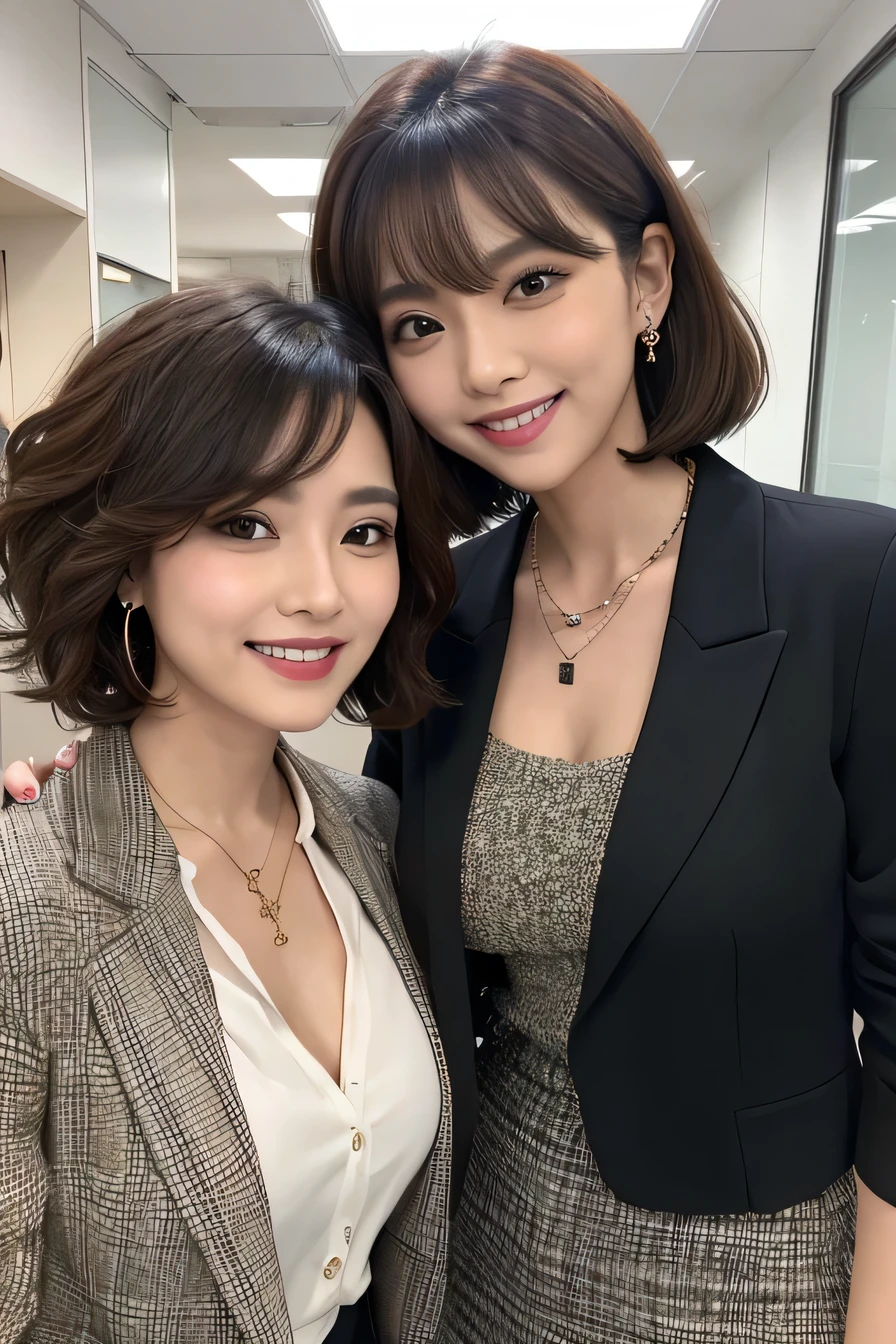 Two women standing side by side、 Brown Hair、Short Haircut、Curly Hair、Necklace around the neck、Office Lady Suits、Jacket、Unbuttoned shirt、Flashy makeup、smile、Laughing with your mouth open、Intricate details, Very detailed:1.2), 、 Looking into the camera,The background is the office、Necklace around the neck、Dark eyeliner、ear piercing

